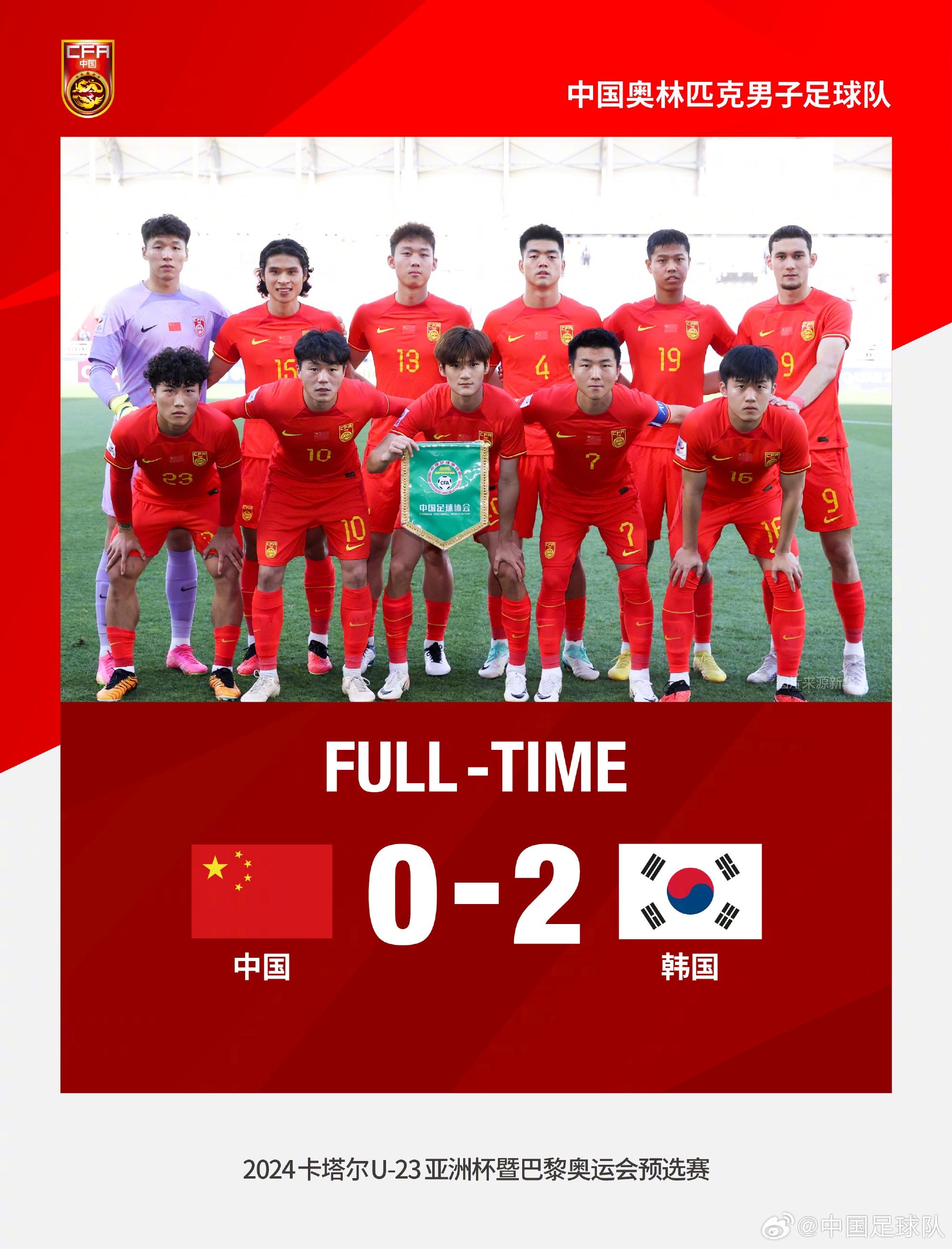 中国奥林匹克男足0-2负于韩国，4月22日21:00末轮将迎战阿联酋队
